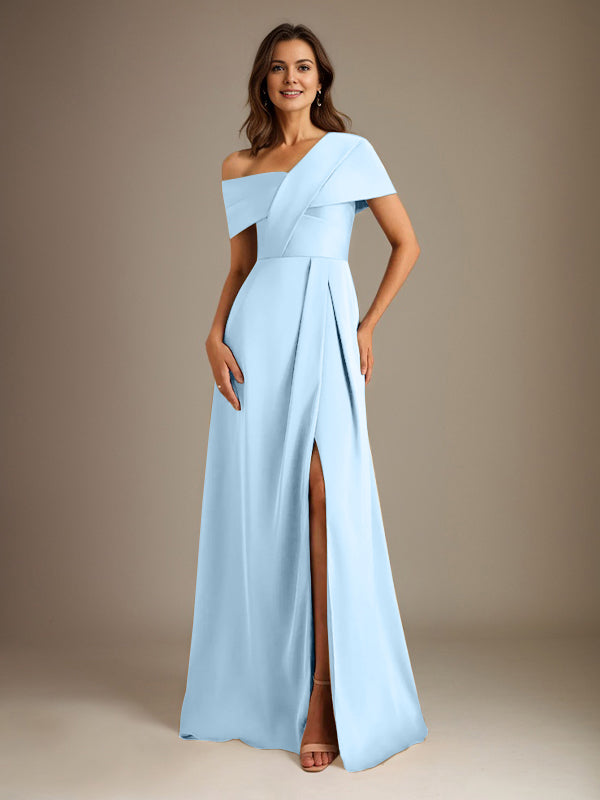 Vestido de madre de la novia de satén con escote asimétrico en forma de A y largo hasta el suelo con pliegues