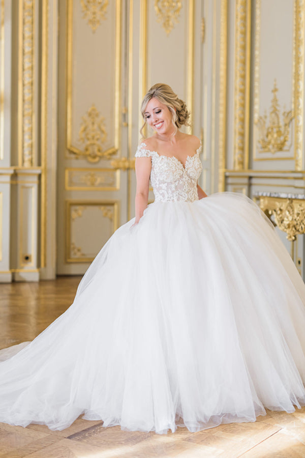 Ball Gown Elegant Cap Sleeves Lace Tulle Wedding Dress