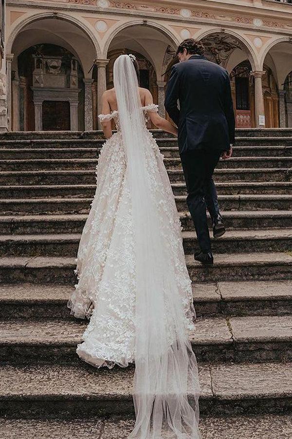 Ball Gown Off the Shoulder Tulle Wedding Dresses with Lace Appliques