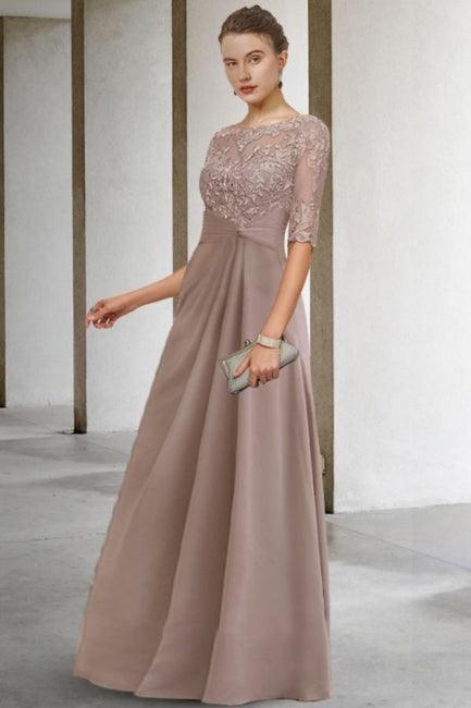 Hermosos vestidos largos de gasa con encaje verde en forma de A para madre de la novia con mangas