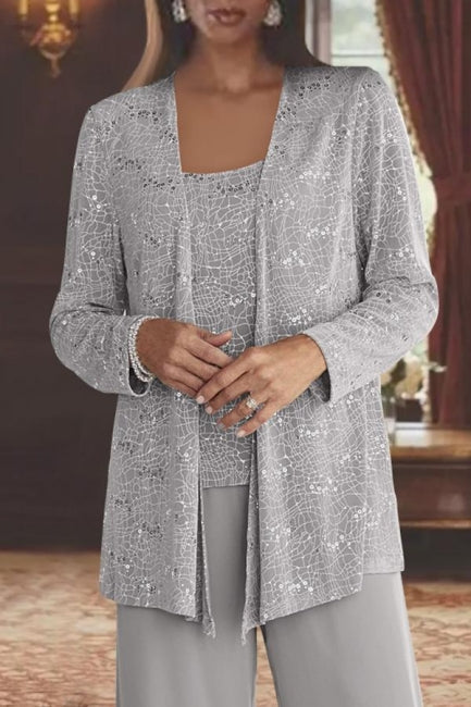 Hermoso vestido largo de encaje con lentejuelas plateadas para madre de la novia con chaqueta