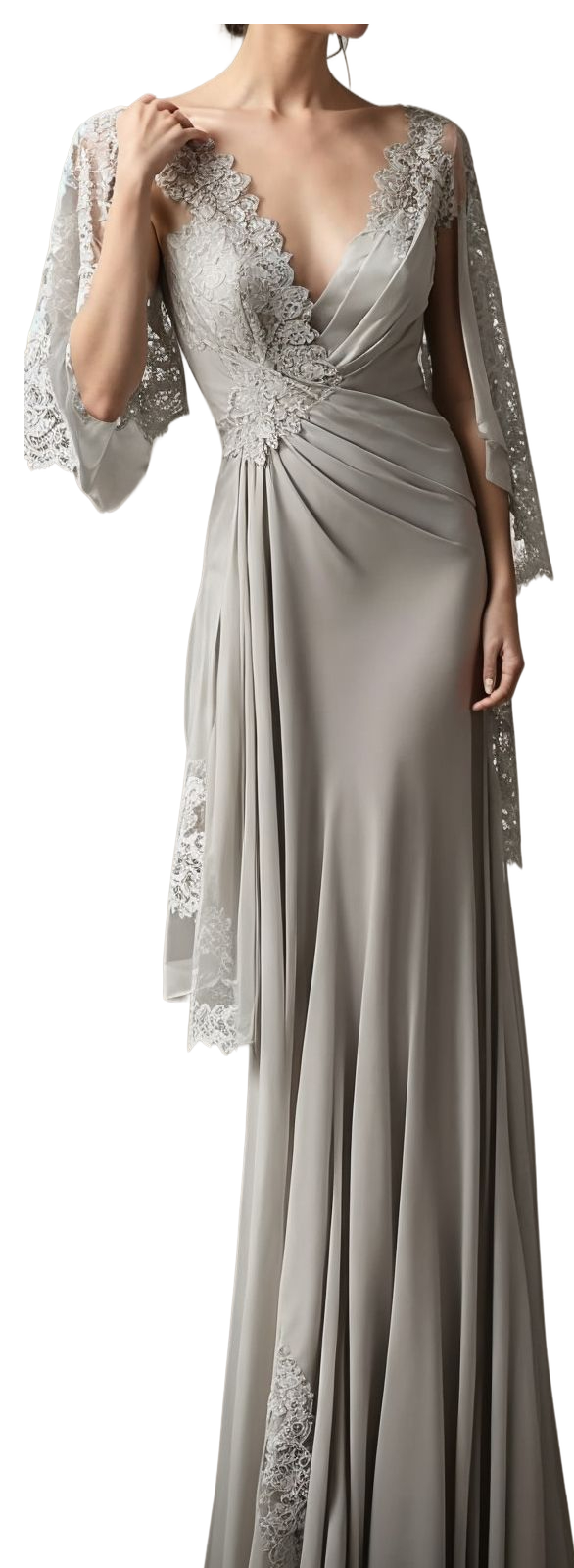 Wunderschönes langes silbernes Satin-Brautjungfernkleid mit V-Ausschnitt und Spitze