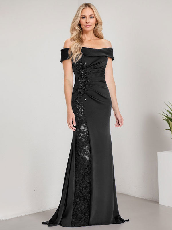 Vestido de sirena con hombros descubiertos, largo hasta el suelo, para madre de la novia, con apliques y cuentas, y abertura alta