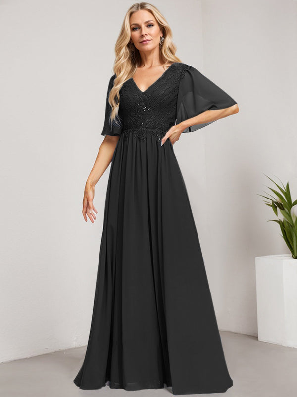 A-Linie V-Ausschnitt Bodenlanges Spitzen-Chiffon-Kleid für die Brautmutter mit Pailletten