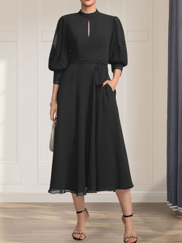 Vestido de gasa con encaje, cuello alto, largo hasta la rodilla, para madre de la novia con lazo