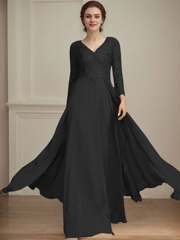 A-Linie V-Ausschnitt Bodenlanges Spitzen-Chiffon-Kleid für die Brautmutter mit Pailletten