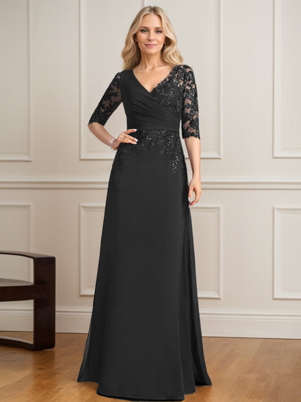 A-Linie, V-Ausschnitt, bodenlanges Spitzen-Chiffon-Kleid für die Brautmutter mit plissierten Pailletten
