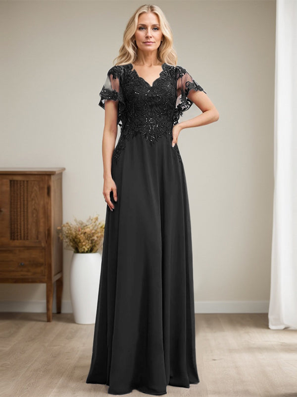 A-Linie V-Ausschnitt Bodenlanges Spitzen-Chiffon-Kleid für die Brautmutter mit Pailletten