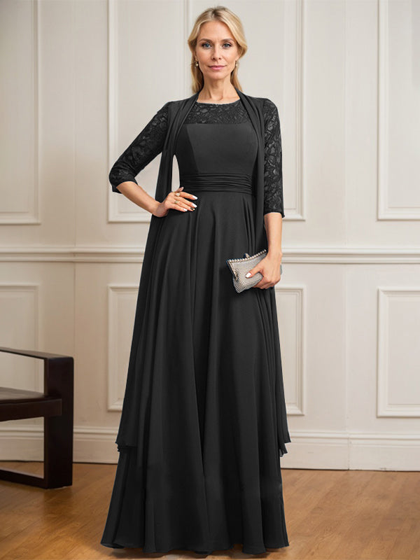 Vestido de gasa de encaje con ilusión de corte A hasta el suelo para madre de la novia con pliegues