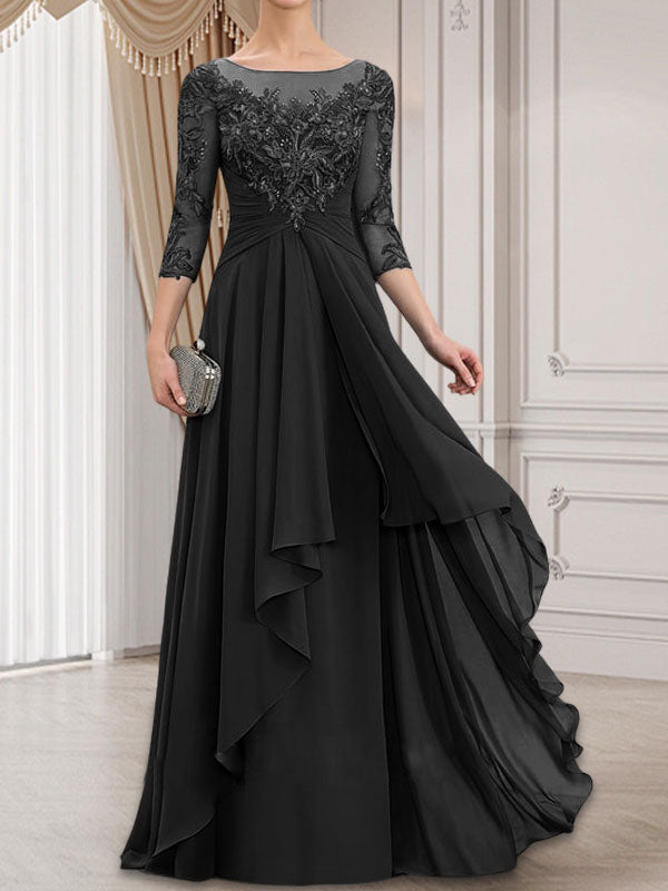 Vestido de gasa con encaje, corte A, escote ilusión, largo hasta el suelo, para madre de la novia con volantes en cascada