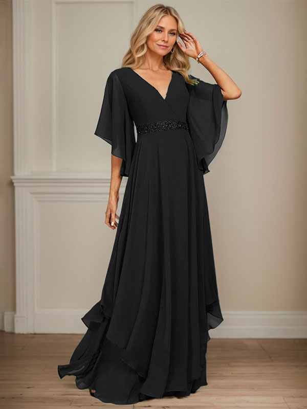 A-Linie V-Ausschnitt Bodenlang Chiffon Kleid für die Brautmutter mit Pailletten Applikationen Spitze Perlen