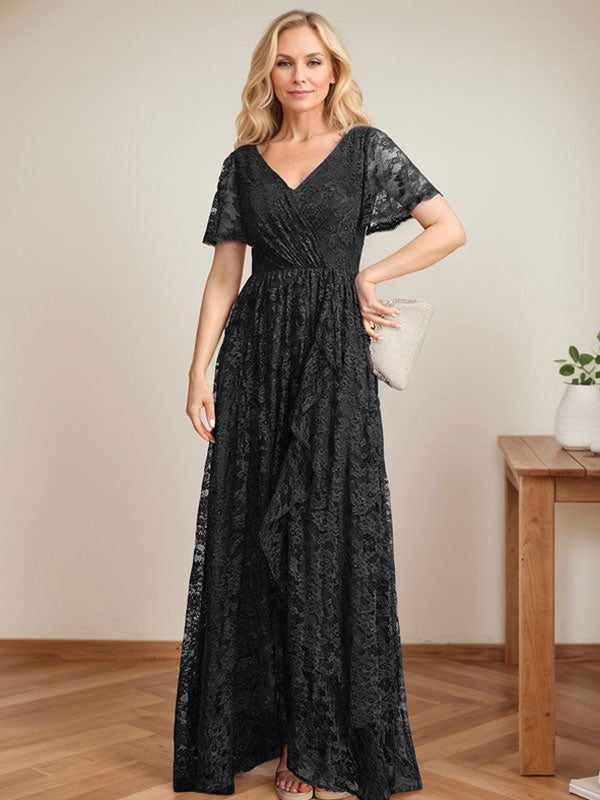 A-Linien-Kleid mit V-Ausschnitt, asymmetrischer Spitze für die Brautmutter mit kaskadierenden Rüschen
