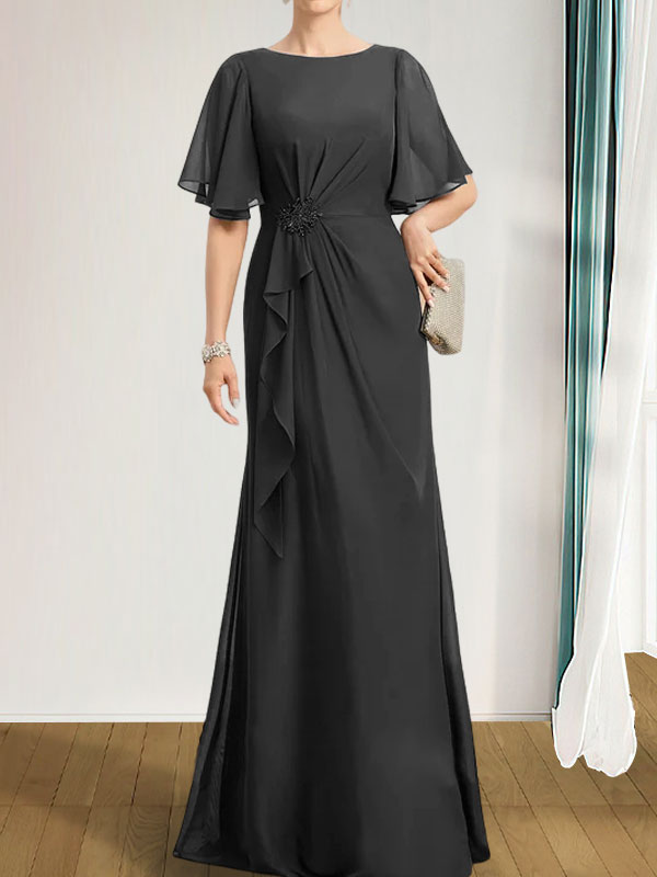 Vestido de gasa para madre de la novia, corte A, escote redondo, largo hasta el suelo, con volantes en cascada, cuentas y lentejuelas