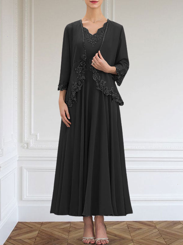 A-Linie V-Ausschnitt Knöchellang Chiffon Kleid für die Brautmutter mit Pailletten Applikationen Spitze Perlen