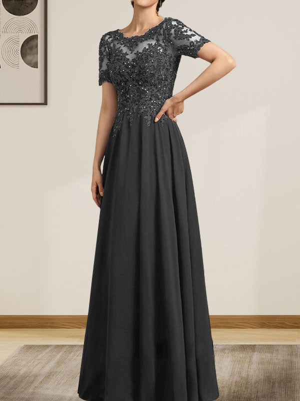 Vestido de gasa con encaje y lentejuelas para madre de la novia, largo hasta el suelo, con escote en A y ilusión