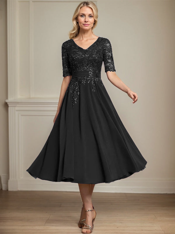 A-Linie V-Ausschnitt Wadenlanges Spitzen-Chiffon-Kleid für die Brautmutter mit Pailletten