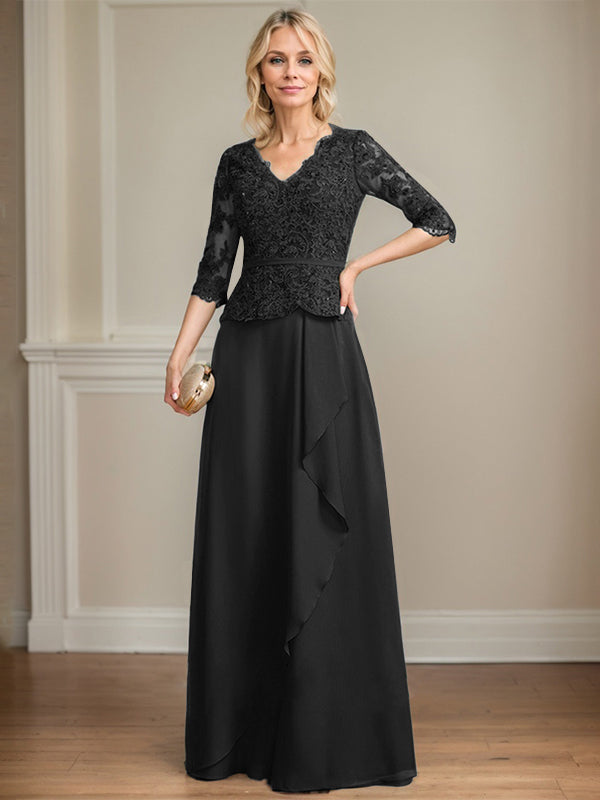 A-Linie, V-Ausschnitt, bodenlanges Chiffon-Kleid für die Brautmutter mit kaskadierenden Rüschen und Pailletten