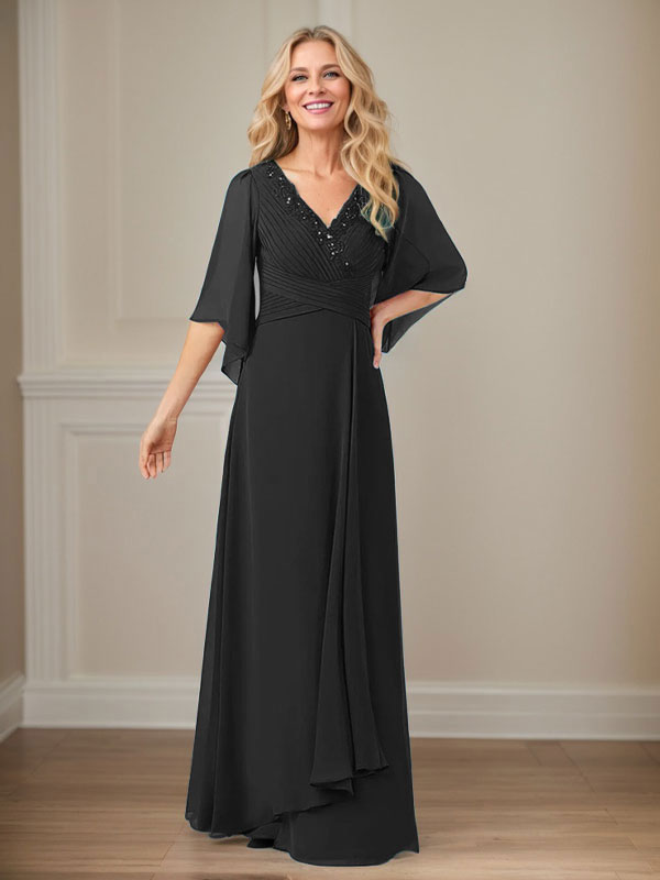A-Linie V-Ausschnitt Lange Pailletten Chiffon Mutterkleid