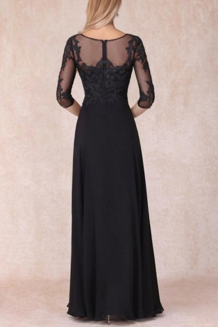 Vestido negro largo de gasa con escote en V y encaje para madre de la novia con mangas