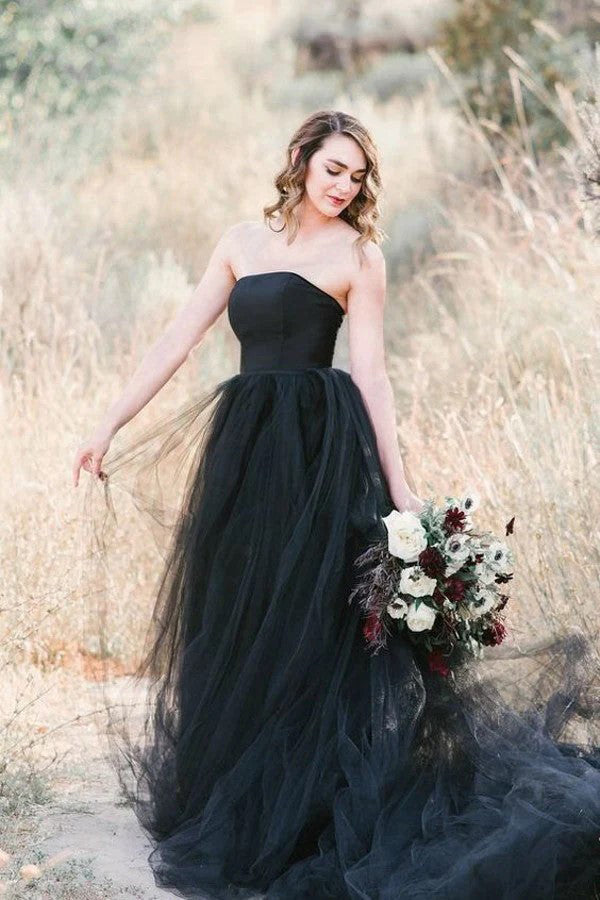 Schwarze Gothic Brautkleider A-Linie Ärmellos Mit Schleppe