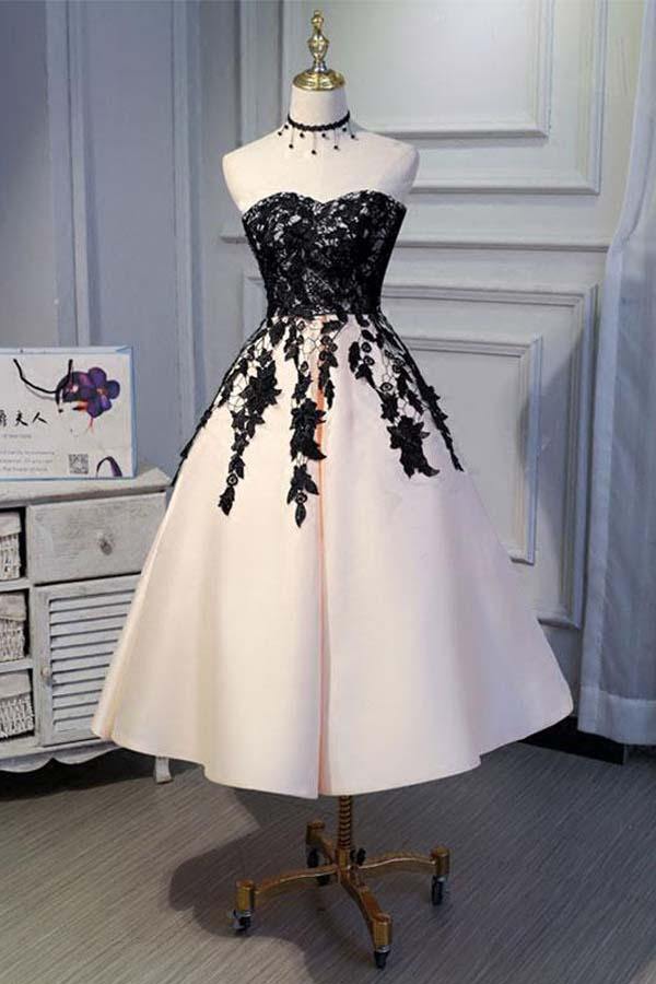 Schwarze Spitze A-Linie Satin Sweetheart Homecoming Kleider, kurzes Ballkleid