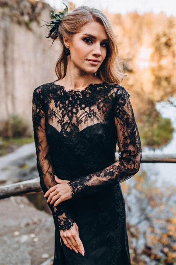 Black Sweetheart Long Sleeves Lace Backless Wedding Dresses
