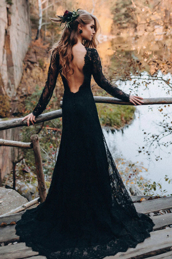Black Sweetheart Long Sleeves Lace Backless Wedding Dresses