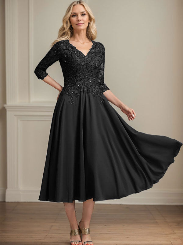 A-Linie, V-Ausschnitt, knielang, Chiffon, Spitze, Kleid für die Brautmutter mit Perlen und Pailletten