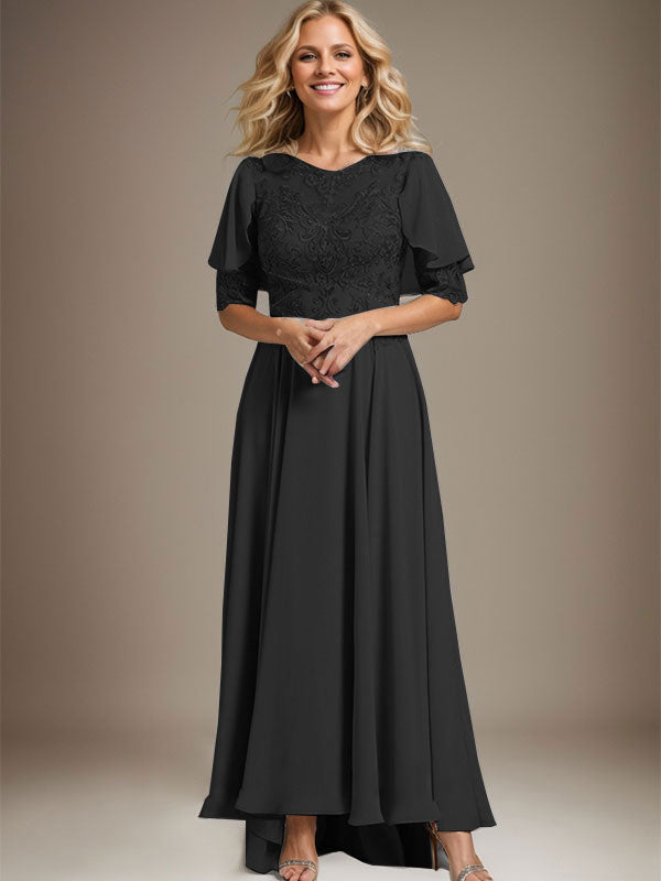 Vestido de madre de la novia de gasa asimétrica con encaje, ilusión, corte A y escote redondo con cuentas
