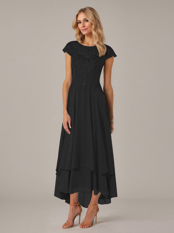Vestido de madre de la novia de gasa asimétrica con escote barco, ilusión, corte A y encaje con pliegues y apliques
