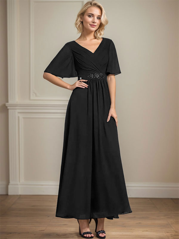 A-Linien-Kleid aus Chiffon mit V-Ausschnitt und Knöchellänge für die Brautmutter mit plissierten Perlen und Pailletten