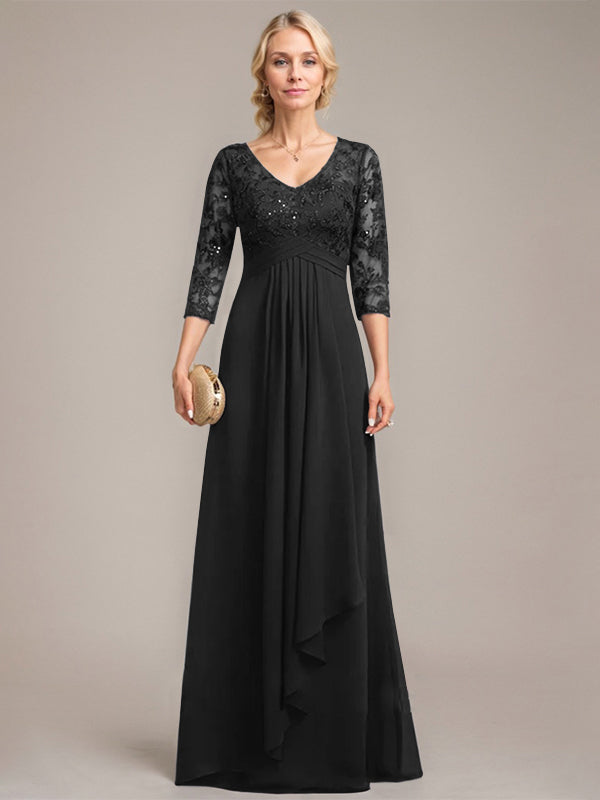 A-Linie, V-Ausschnitt, bodenlanges Chiffon-Kleid für die Brautmutter mit kaskadierenden Rüschen und Pailletten