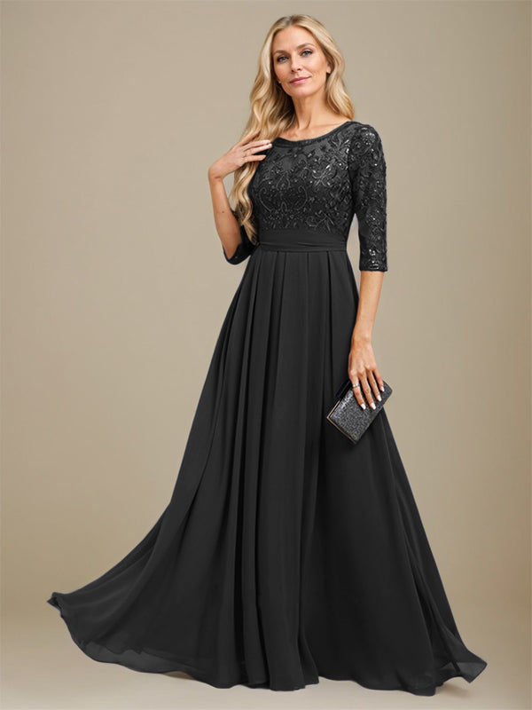 Vestido de madre de la novia de gasa con encaje, corte A, largo hasta el suelo y apliques de lentejuelas