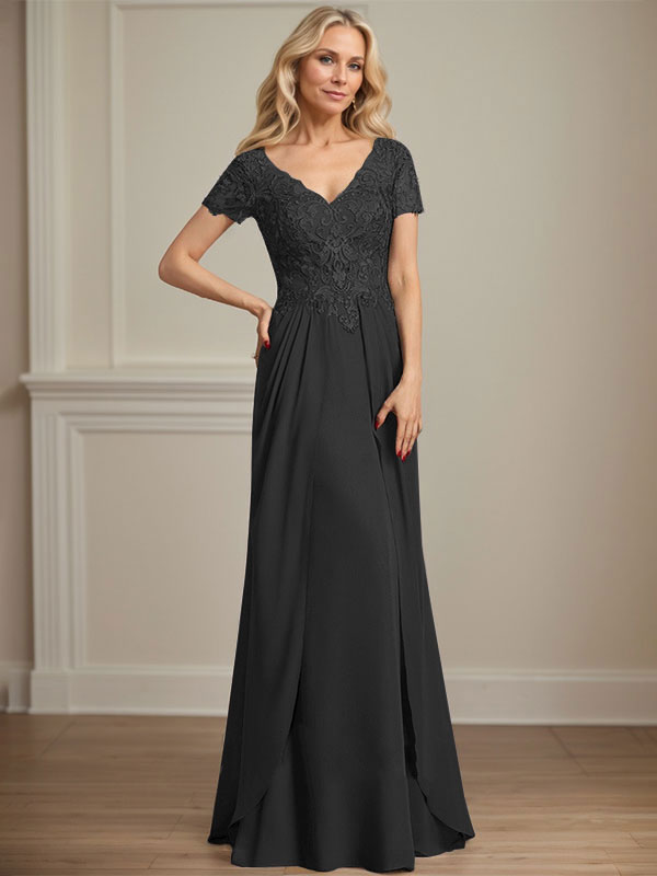 A-Linie V-Ausschnitt Bodenlanges Chiffon-Spitzenkleid für die Brautmutter