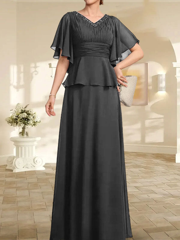 A-Linie, V-Ausschnitt, bodenlanges Chiffonkleid für die Brautmutter mit plissierter Perlenstickerei