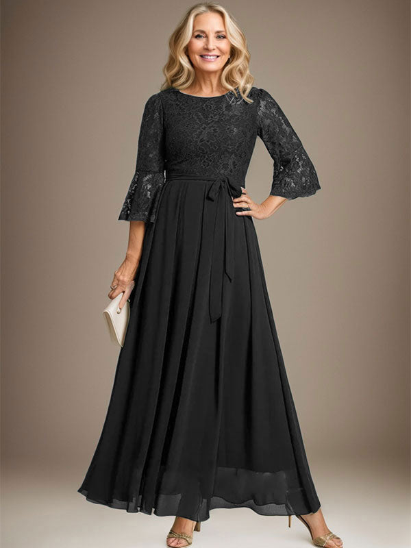 Vestido de gasa con encaje y lazo para madre de la novia, corte A, escote redondo hasta los tobillos