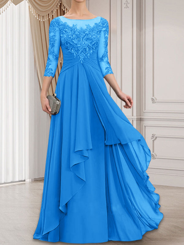 Vestido de gasa con encaje, corte A, escote ilusión, largo hasta el suelo, para madre de la novia con volantes en cascada