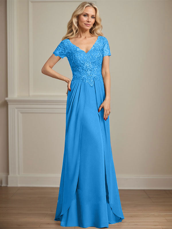 A-Linie, V-Ausschnitt, bodenlanges Chiffon-Kleid für die Brautmutter mit kaskadierenden Rüschen und Pailletten