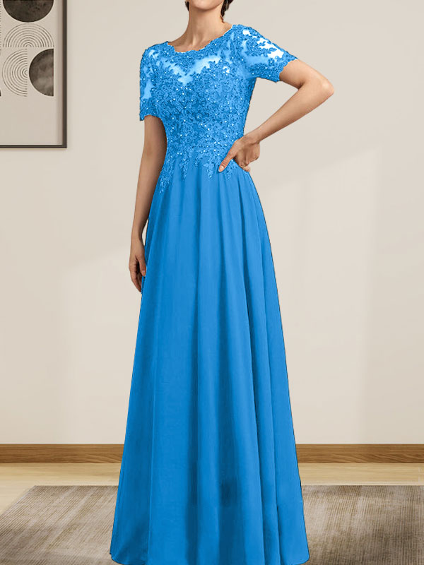 Vestido de gasa con encaje y lentejuelas para madre de la novia, largo hasta el suelo, con escote en A y ilusión