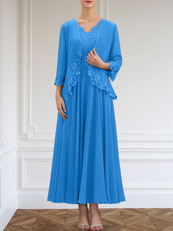 A-Linie V-Ausschnitt Knöchellang Chiffon Kleid für die Brautmutter mit Pailletten Applikationen Spitze Perlen