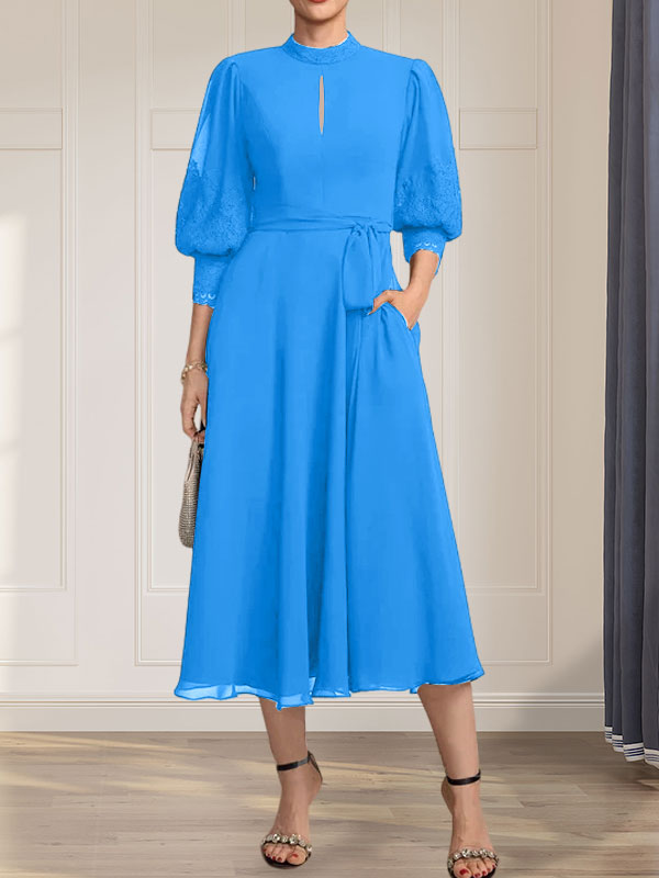 Vestido de gasa con encaje, cuello alto, largo hasta la rodilla, para madre de la novia con lazo