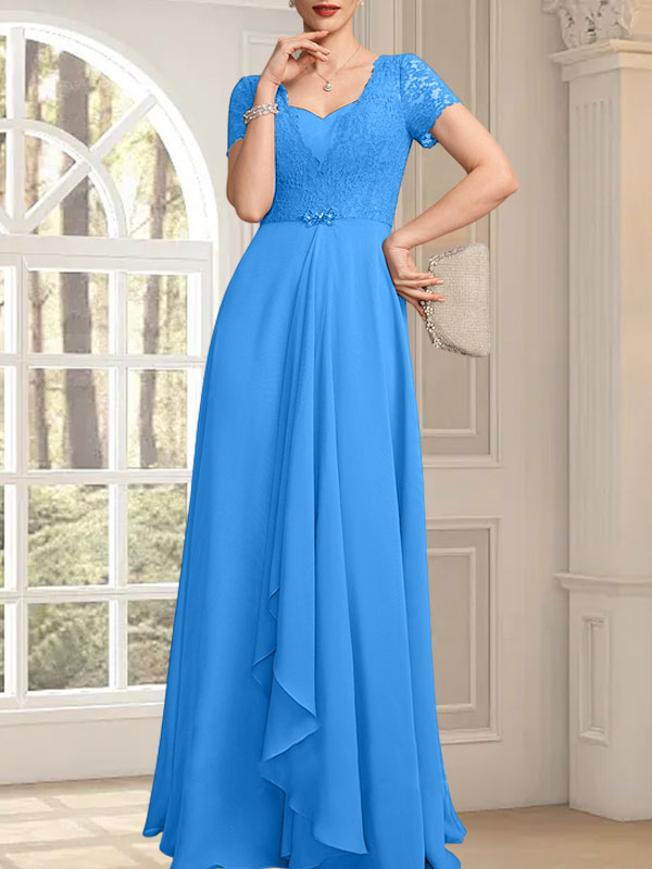 A-Linie, Herzausschnitt, bodenlang, Chiffon, Spitze, Kleid für die Brautmutter mit Perlenbesatz, kaskadierenden Rüschen