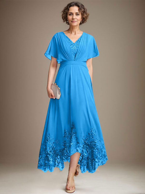 A-Linie V-Ausschnitt Asymmetrisches Spitzen-Chiffon-Kleid für die Brautmutter mit Plissee
