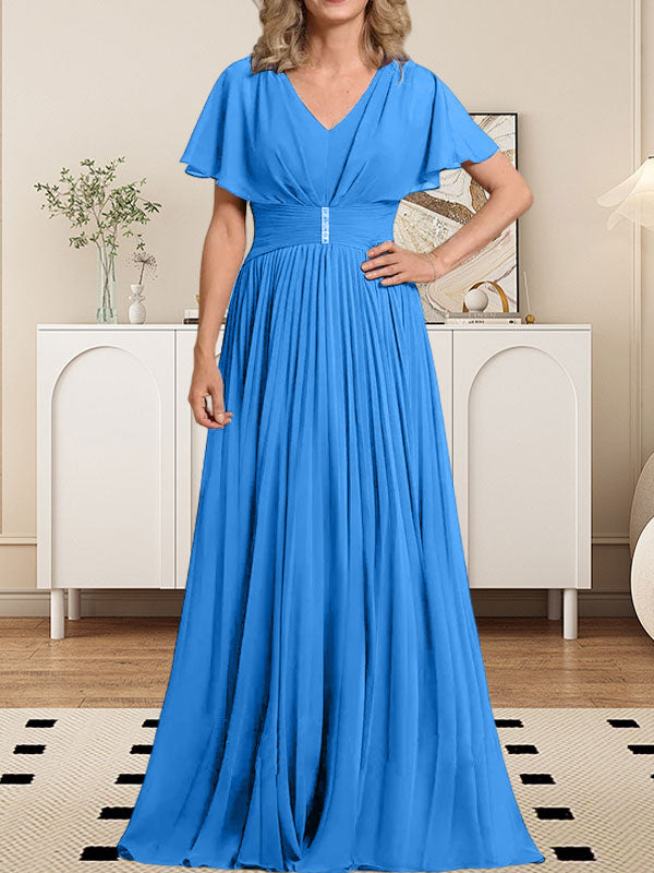 A-Linie V-Ausschnitt Bodenlang Chiffon Mutter der Braut Kleid Mit Kristall Brosche Plissee