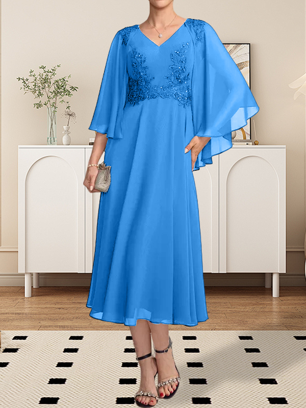 A-Linie, V-Ausschnitt, knielang, Chiffon, Spitze, Kleid für die Brautmutter mit Perlen und Pailletten