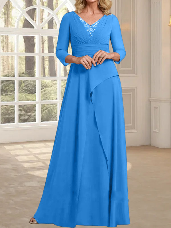 A-Linie, V-Ausschnitt, bodenlanges Chiffonkleid für die Brautmutter mit plissierter Perlenstickerei