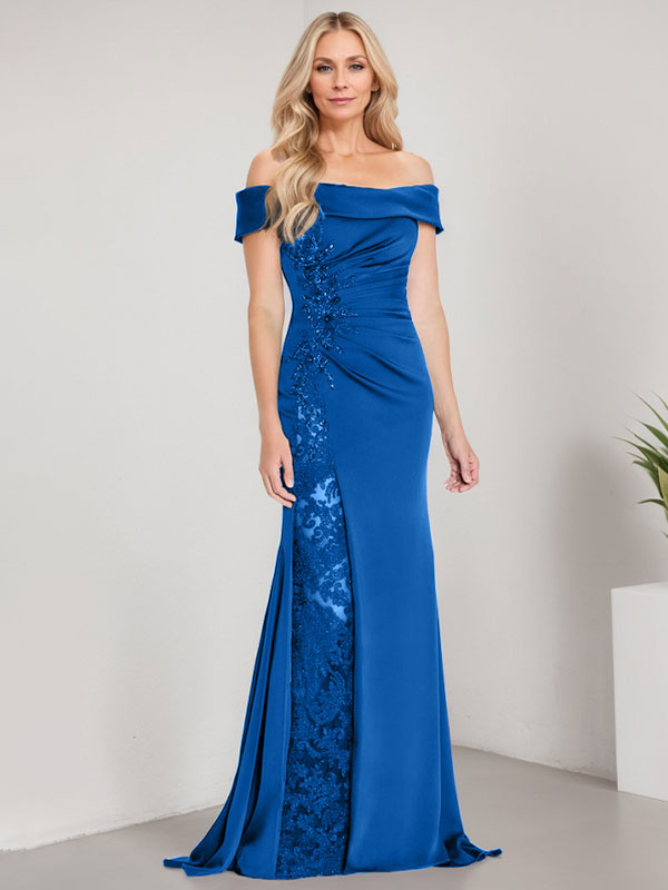 Vestido de sirena con hombros descubiertos, largo hasta el suelo, para madre de la novia, con apliques y cuentas, y abertura alta