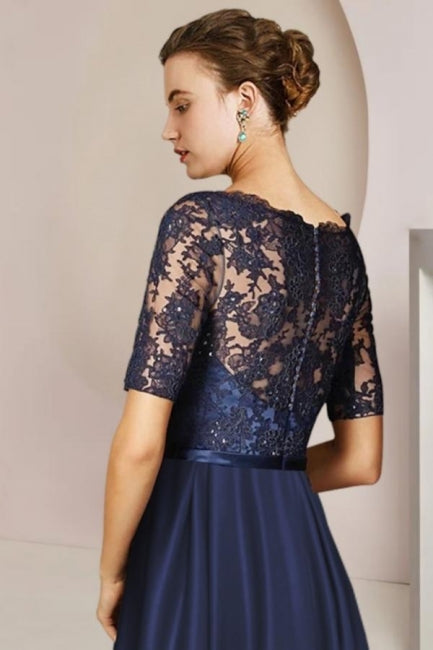Blaues kurzes A-Linien-Kleid aus Spitze für die Brautmutter mit Ärmeln