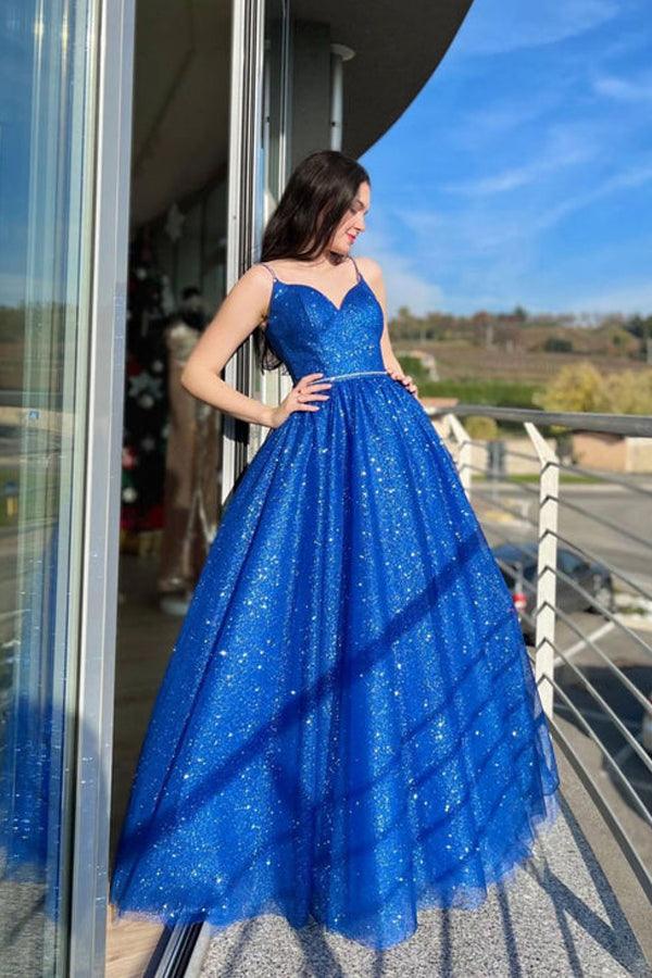 A-Line Tulle Long Prom Dress Sparkly Formal Evening Dresses