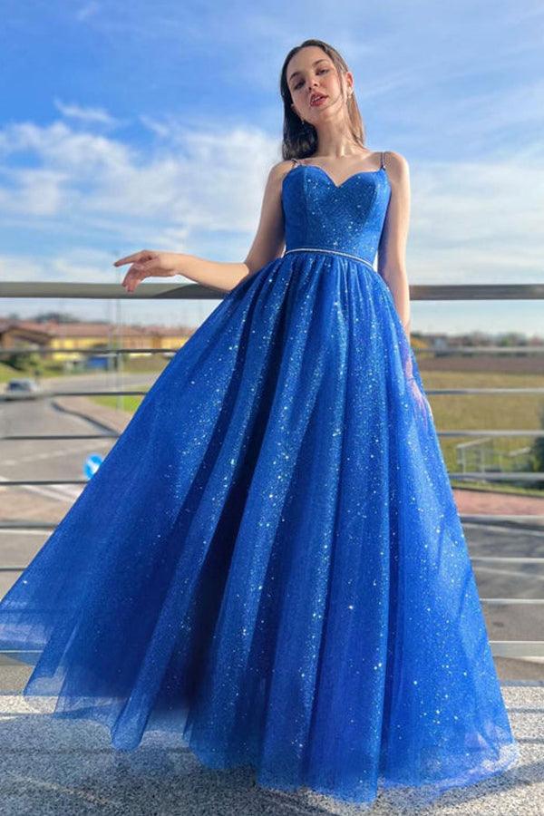 A-Line Tulle Long Prom Dress Sparkly Formal Evening Dresses